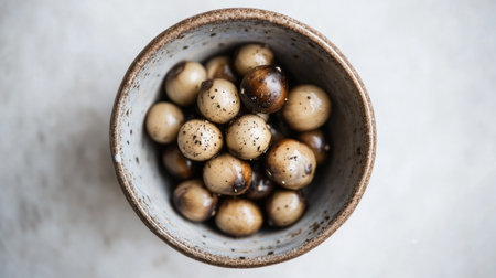 A rustic bowl filled with unique patterned eggs, showcasing earthy tones and textures. Perfect for culinary themes and natural lifestyle imagery.の素材