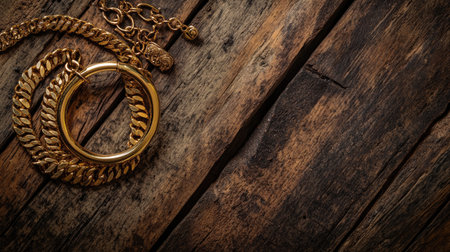 This image features elegant gold jewelry, including a necklace and ring, beautifully arranged on a rustic wooden surface, highlighting luxury and style.の素材