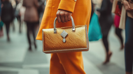 A fashionable woman showcases a vibrant yellow outfit while holding an elegant handbag, creating a striking look amidst a bustling urban scene.の素材