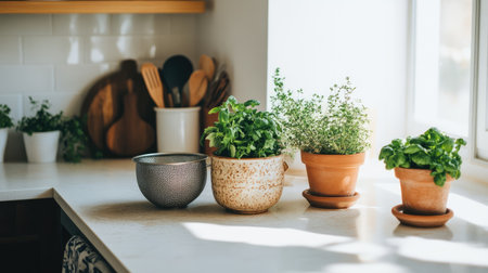 A serene kitchen scene featuring vibrant herbs in pots, illuminated by warm sunlight. This image evokes a fresh and inviting atmosphere perfect for cooking and home decor.の素材