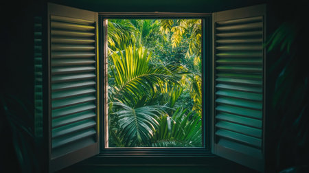 This captivating image captures a vibrant view of lush greenery seen through a shuttered window, evoking a sense of tranquility and connection to nature.の素材