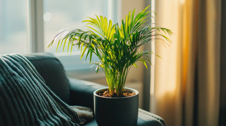 A vibrant indoor plant sits in a stylish pot, bringing life and freshness to a cozy living room. The soft sunlight highlights its lush green leaves, creating a serene atmosphere.の素材