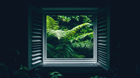 A captivating view of lush greenery visible through an open window. The vibrant ferns create a tranquil atmosphere, blending indoor and outdoor beauty.の素材