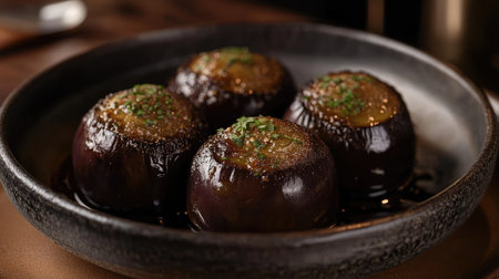 This gourmet eggplant dish is beautifully plated, showcasing rich colors and textures. Ideal for culinary and restaurant-themed projects.の素材