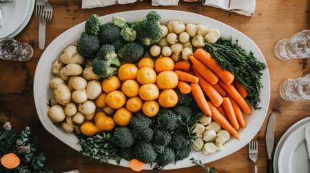 A vibrant display of fresh vegetables arranged on a white platter, featuring broccoli, carrots, potatoes, and mandarins, perfect for healthy eating and culinary inspiration.の素材