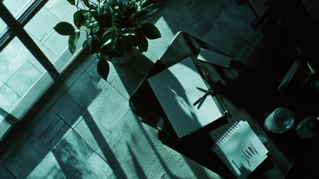 A serene workspace featuring a plant and stationery, illuminated by soft natural light. Ideal for themes of productivity, creativity, and tranquility.の素材