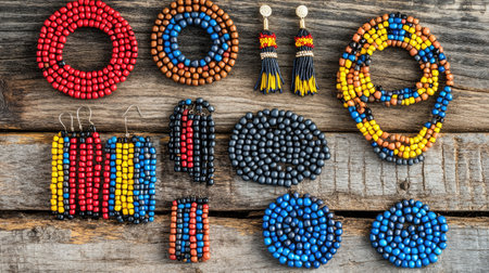 A vibrant collection of colorful beaded jewelry displayed on a rustic wooden surface, highlighting unique designs and craftsmanship in accessories.の素材