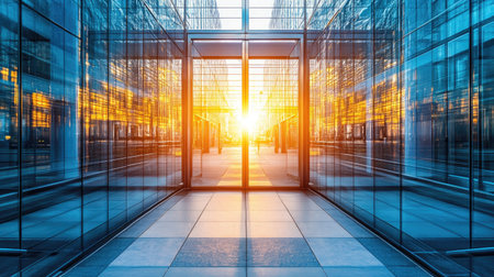 Stunning view of modern glass architecture capturing sunset reflections, showcasing vibrant light and geometric lines in an urban setting.の素材