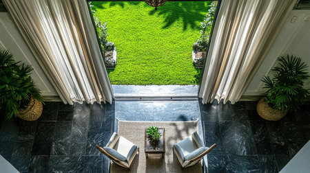 A beautiful interior view showcasing elegant furniture and lush greenery outside. This space invites relaxation and tranquility, perfect for modern living.の素材
