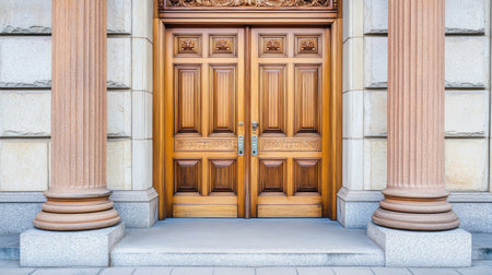 This image features elegant wooden doors with intricate details, framed by classical columns. Ideal for showcasing elegance in architecture and design.の素材