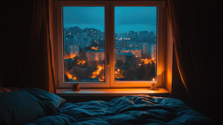A cozy bedroom scene showcasing a stunning view of the city skyline at night. Warm lights illuminate the urban landscape, creating a peaceful ambiance.の素材