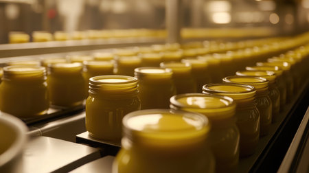 A detailed view of a production line showcasing yellow jars in an industrial kitchen setting. The image highlights the manufacturing process and hygiene standards in food production.の素材