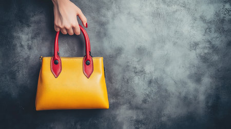 A vibrant yellow handbag with red handles is held against a rustic textured wall, showcasing modern fashion and stylish accessory design for various occasions.の素材