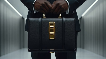 A well-dressed individual holds an elegant black briefcase, symbolizing professionalism and luxury. Perfect for business-themed visuals, this image captures style and confidence in a modern workspace.の素材