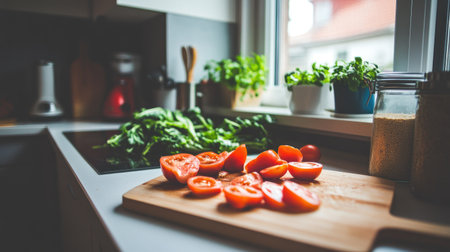 A vibrant kitchen scene featuring fresh tomatoes and greenery. Perfect for food preparation and healthy cooking visuals, showcasing modern home aesthetics.の素材
