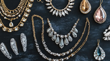 A stylish collection of elegant jewelry featuring necklaces, earrings, and bracelets arranged artistically on a dark background. Perfect for fashion themes.の素材