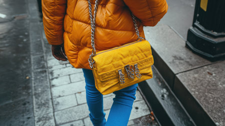 A stylish individual walks through a city street, showcasing a vibrant yellow bag paired with a colorful overcoat, capturing modern urban fashion and individuality.の素材