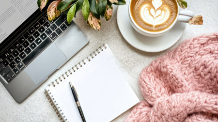 A cozy workspace featuring a cup of coffee with latte art, a notepad, and a pen on a soft blanket. Perfect for inspiration and productivity.の素材