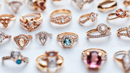A stunning display of unique gold and gemstone rings featuring intricate designs and sparkling details, perfect for accessory lovers or as elegant gifts.の素材