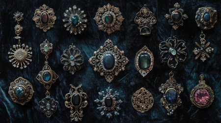 A stunning array of vintage jewelry pieces featuring intricate designs and colorful gemstones, perfect for showcasing elegance and craftsmanship in fashion.の素材