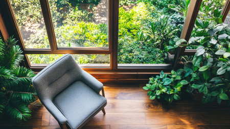A cozy chair positioned by a sunny window surrounded by lush greenery creates a serene and inviting atmosphere perfect for relaxation and inspiration.の素材