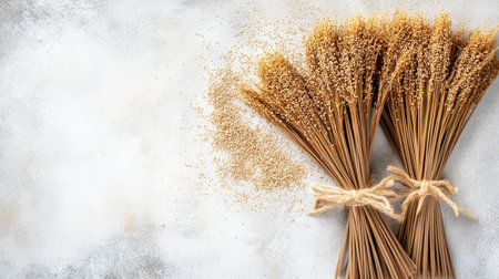 Beautiful bundles of dried grasses arranged on a soft background, perfect for natural decor, crafting projects, and seasonal styling inspirations.の素材