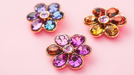 Bright and elegant flower brooches adorned with colorful gemstones, perfect for adding a touch of style to any outfit. Ideal for fashion enthusiasts.の素材