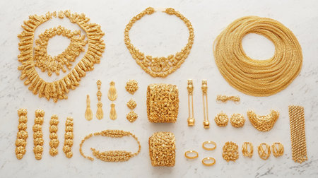 A stunning display of gold jewelry featuring various designs and styles on a marble surface. Perfect for showcasing elegance and luxury.の素材