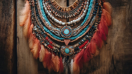 This stunning bohemian necklace features vibrant beads and colorful feathers, perfect for adding an artistic touch to any space or outfit.の素材