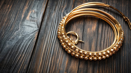 A stunning arrangement of elegant gold jewelry displayed on a rustic wood background, highlighting the intricate design and luxurious appeal of the piece.の素材