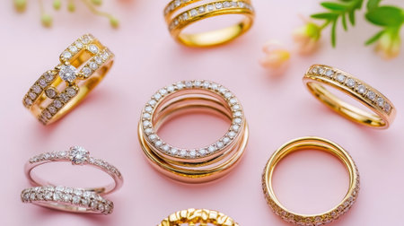 An elegant assortment of jewelry rings displayed on a soft pink background, showcasing intricate designs and sparkling embellishments. Perfect for fashion and accessory themes.の素材