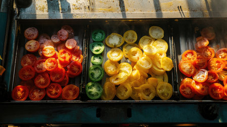 A vibrant arrangement of sliced vegetables on a grill, showcasing yellow, green, and red colors. Perfect for cooking enthusiasts and healthy meal preparation.の素材