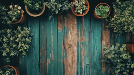 Elegant arrangement of potted plants on a rustic wooden table. This composition showcases diverse greenery, perfect for home or garden decor.の素材