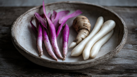 A rustic plate showcases a vibrant arrangement of fresh vegetables, including radish and parsnip, perfect for culinary inspiration or healthy eating.の素材