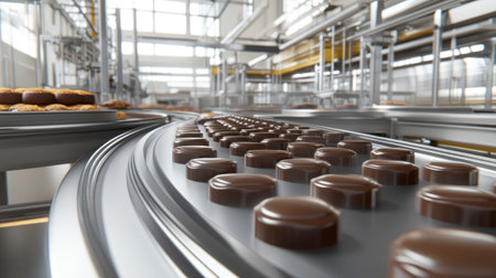 A close-up view of chocolate pieces on a conveyor belt in a modern production facility, showcasing the manufacturing process of sweet treats.の素材