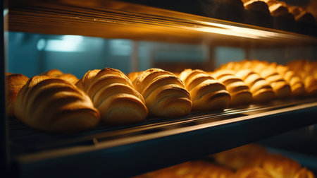 A warm display of freshly baked bread loaves in a bakery setting. The golden-brown crust and soft texture promise a delicious treat for any occasion.の素材