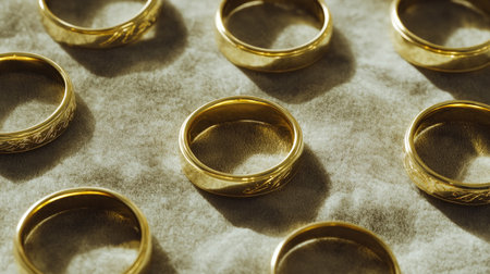A collection of elegant gold rings displayed on a soft fabric surface, showcasing intricate details and a touch of luxury, perfect for celebrations or jewelry design.の素材