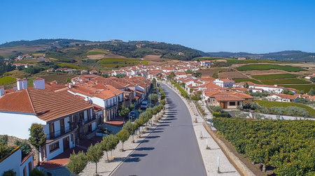 A breathtaking aerial view of a charming village, surrounded by verdant vineyards and rolling hills, perfect for travel, relaxation, and exploration.の素材