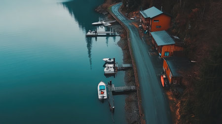 A tranquil lakeside scene featuring boats moored by a rustic dock. Lush trees and cozy cabins dot the shoreline, creating a perfect getaway.の素材