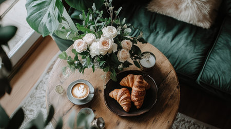 A cozy breakfast scene featuring fresh croissants, a beautiful flower arrangement, and a cup of coffee on a rustic wooden table, perfect for a relaxing morning.の素材