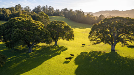 A serene landscape featuring cows grazing on lush green pasture under a bright sky, surrounded by large trees and gentle hills in the background.の素材