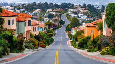 A picturesque view of a winding road lined with colorful homes and lush landscaping, offering a serene atmosphere in a sunny California neighborhood.の素材