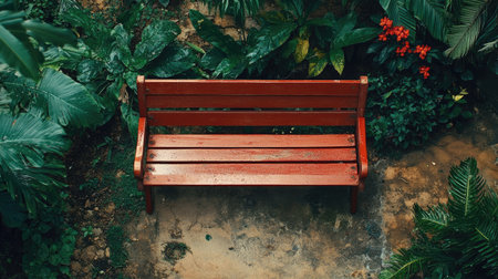 A vibrant red bench sits amidst lush green foliage, inviting moments of tranquility and relaxation in a serene garden setting.??の素材