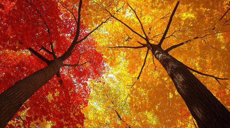 Experience the beauty of autumn with vibrant red and orange leaves against a clear blue sky, showcasing nature's stunning seasonal transformation.の素材