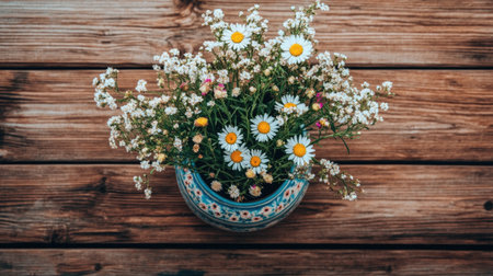 A vibrant flower arrangement featuring cheerful daisies in a decorative pot. This charming still life captures the beauty of nature against a rustic wooden backdrop.の素材