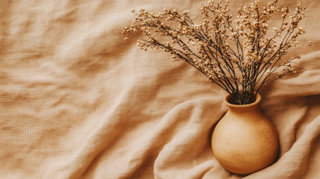 A charming vase features dried flowers, adding a warm touch to any interior. The soft fabric backdrop enhances this simple yet elegant still life arrangement.の素材