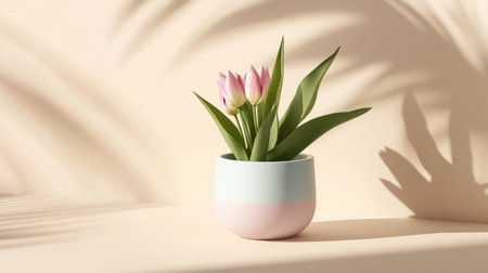 This image features a charming arrangement of tulips in a pastel-colored pot, perfect for spring decor. The soft shadows and light create a serene atmosphere.の素材