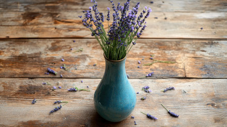 A beautiful arrangement of lavender flowers in a blue vase captures the essence of spring. Set against a rustic wooden table, this still life evokes serenity and elegance.の素材