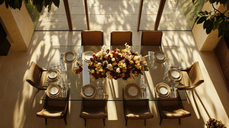 A beautifully arranged dining table featuring an elegant floral centerpiece, basking in natural sunlight, perfect for gatherings and celebrations.の素材