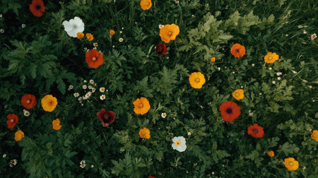 Aerial view of a lush meadow filled with vibrant spring flowers in various colors. This scenic landscape captures the beauty of nature in bloom.の素材